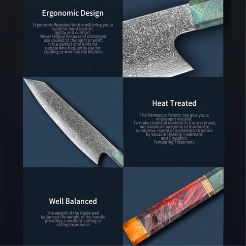 Vista 6 de Waterboss,Cuchillo Kiritsuke de 8 pulgadas,67 capas Damasco Japonés AUS-10 Super Steel Blade,Mango octogonal Wodden Estable,Cuchillo de chef