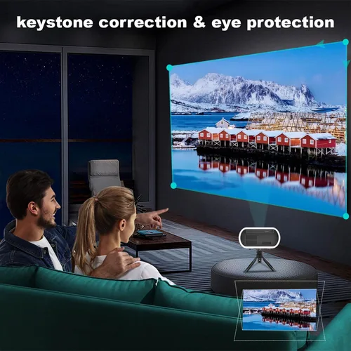 Vista 4 de Mini proyector, proyector portátil compatible con Full HD 1080P, proyector de películas con altavoz integrado, 150ANSI, pantalla de proyección de 26
