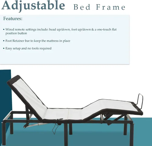 Vista 5 de Nutan Base de cama ajustable de 15 pulgadas con inclinación de cabeza y pie, control remoto con cable, barra de retención y no requiere