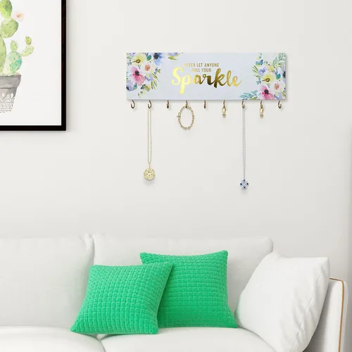 Vista 6 de SANY DAYO HOME Organizador de joyas montado en la pared, moderno soporte de madera con 9 ganchos de metal para collares, anillos, aretes, pulseras