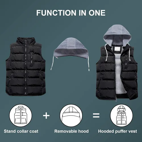 Vista 3 de CREATMO US Chaleco de invierno para hombre, para exteriores, con capucha, extraíble, acolchado, sin mangas, chaleco