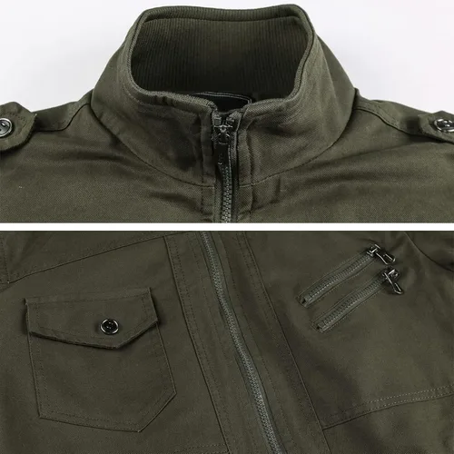 Vista 4 de HIJEWE Men Military Jacket Casual Cotton Utility Coat Spring Falls Durable Army Cargo Bomber Stand Collar Multi-Pocket Jacket