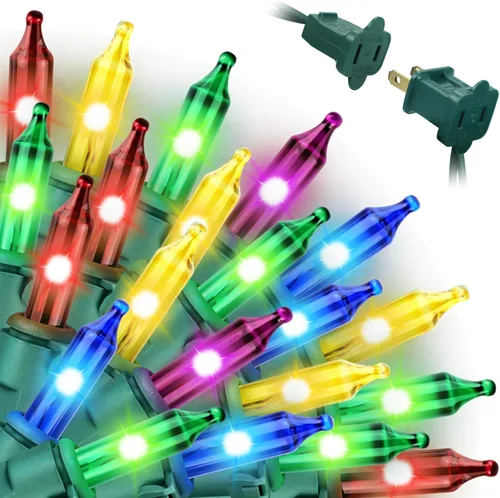 Vista 10 de Luces de cadena navideñas mini de 100 unidades en morado y verde, con certificación UL, equipadas con 8 modos de iluminación, perfectas para patios