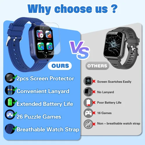 Vista 4 de Reloj inteligente para niños de 5 a 12 años, reloj para niños con 26 juegos, cámara, reproductor de música, podómetro, seguimiento de hábitos, Azul