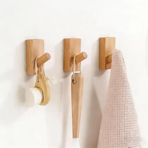 Vista 2 de HomeDo Paquete de 4 Ganchos Adhesivos de Pared Perchero para Sombreros, Ganchos de Madera para Abrigos Montados en la Pared, Ganchos Decorativos