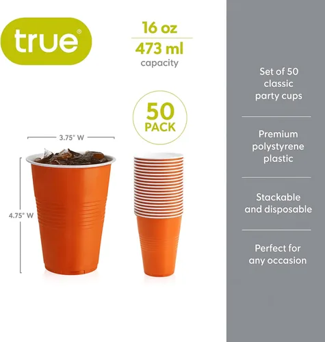Vista 3 de TRUE Vasos desechables para fiesta naranja, vasos para bebidas para cócteles y cerveza, capacidad de 16 onzas, plástico, naranja, juego de 50