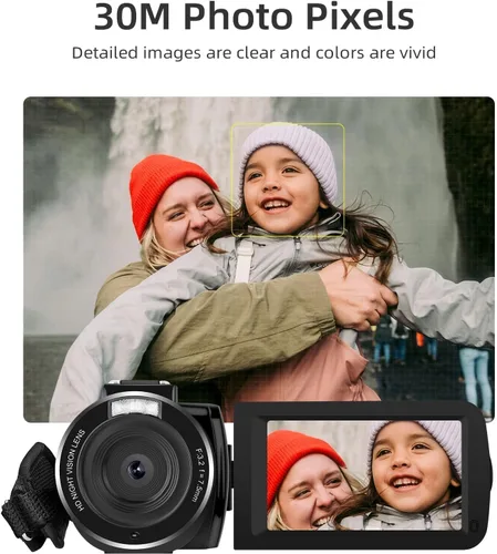 Vista 2 de ORDRO Videocámara Grabadora de Cámara Digital Full HD 1080P 30FPS 30MP 3.0 Pulgadas 270 Grados Rotación LCD 18X Zoom Digital con Tarjeta de 16GB y 2