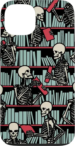 Vista 7 de iPhone 16 Bookish Public Library Skeleton Goth Librarian Books Pattern Case