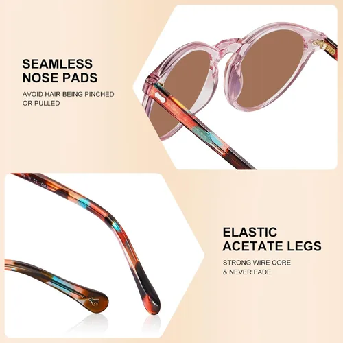 Vista 55 de CARFIA Gafas de sol polarizadas de acetato redondo para mujer, protección UV de cara pequeña con funda de cuero CA5288