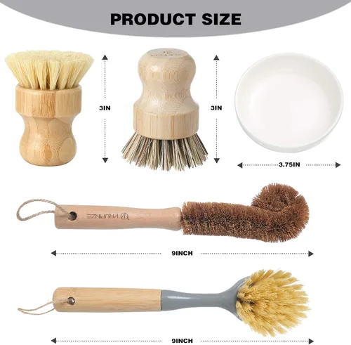 Vista 3 de Juego de 4 cepillos de bambú natural para limpiar botellas, con dispensador de jabón de cerámica, cepillos de madera con asas resistentes