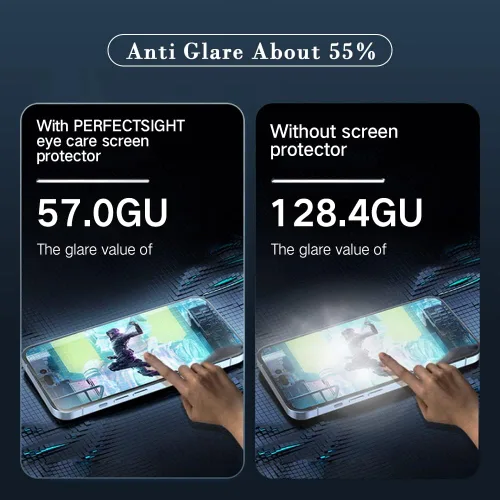 Vista 3 de PERFECTSIGHT Sapphire - Protector de pantalla antideslumbrante y antiluz azul, diseñado para iPhone 14 Pro, protección ocular de vidrio templado