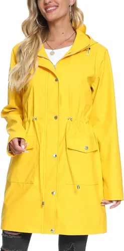 Vista 3 de Fahsyee Chubasquero para mujer, chaqueta impermeable con capucha, rompevientos para exteriores, larga actividad