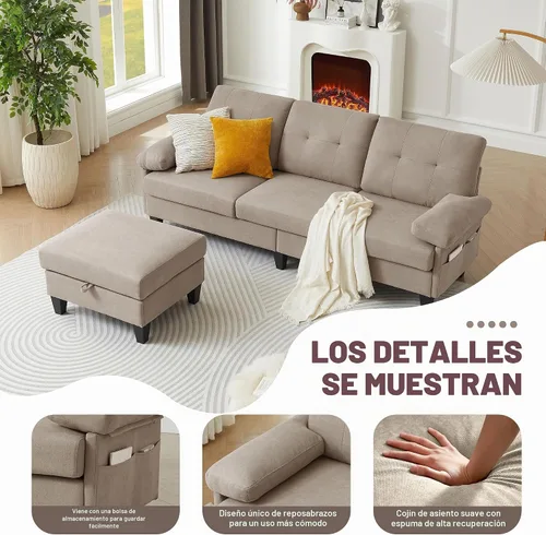 Vista 4 de Sofá modular convertible de 84 pulgadas, moderno sofá pequeño en forma de L de tela de lino con diván reversible, sofá de 3 asientos para sala