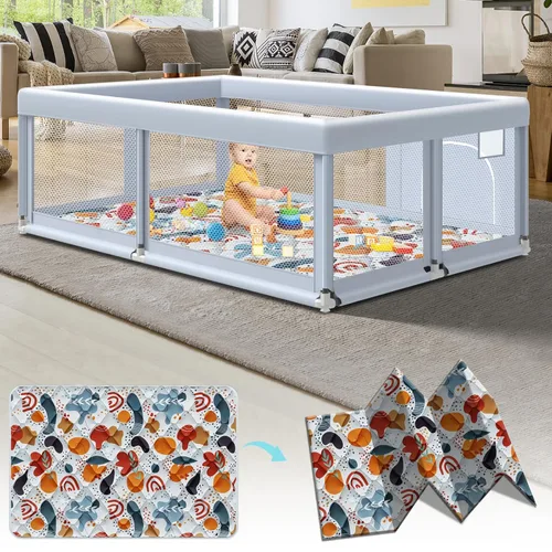 Vista 8 de Fshibila Corralito para bebés con alfombra, corralitos para bebés y niños pequeños, corralito de juego BabyFence para interiores y exteriores, patio