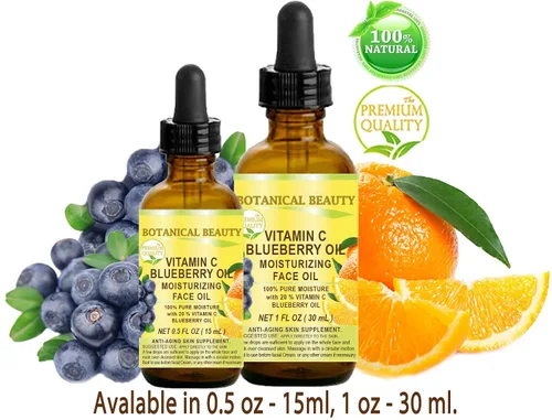 Vista 2 de VITAMINA C BLUEBERRY Aceite facial hidratante antienvejecimiento regenerador nutritivo 20% vitamina C y aceite de semilla de arándano 100% puro, 0.5