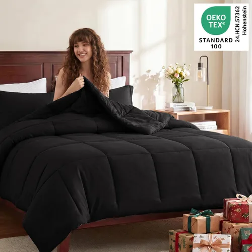Vista 3 de CozyLux Juego de edredón Super King, juego de ropa de cama negro ceniza de 270GSM para todas las estaciones, juego de cama de 3 piezas cosidas