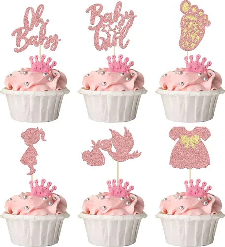 Vista 11 de 24 adornos para cupcakes con purpurina para baby shower, para baby shower, temática de revelación de género, decoraciones para pasteles para baby