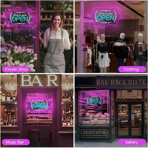 Vista 6 de XIYUNTE Letreros de Neón Abiertos Regulables con LED Brillante, Letrero Alimentado por USB o Batería para Ventana de Negocio Cafetería Tienda