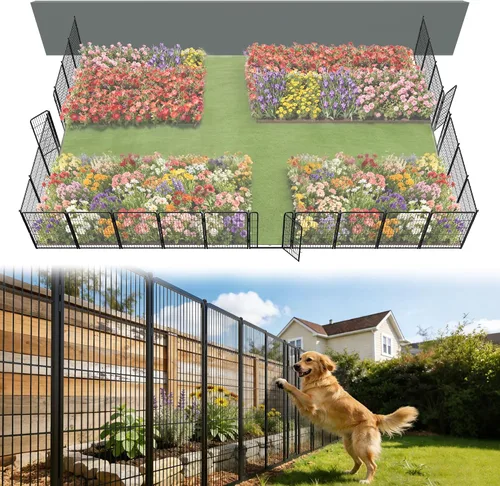 Vista 55 de FXW Valla de jardín al aire libre para el patio, 17 pulgadas de alto x 29.3 pies de largo, barrera de metal resistente para animales, para perros