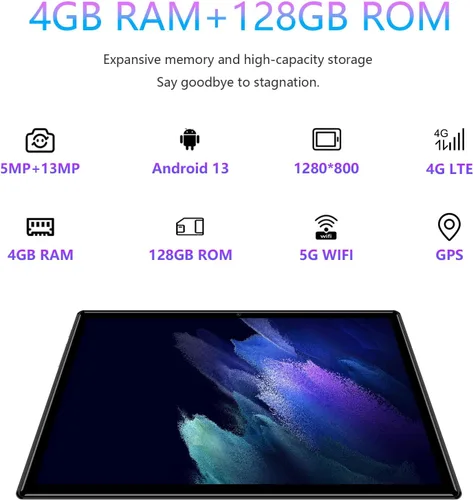 Vista 2 de Tabletas Android 2024, nueva tableta desbloqueada Octa-Core Android 13 con ranura para tarjeta SIM, 128 GB ROM+4 GB RAM, cámara de 10 pulgadas, 5