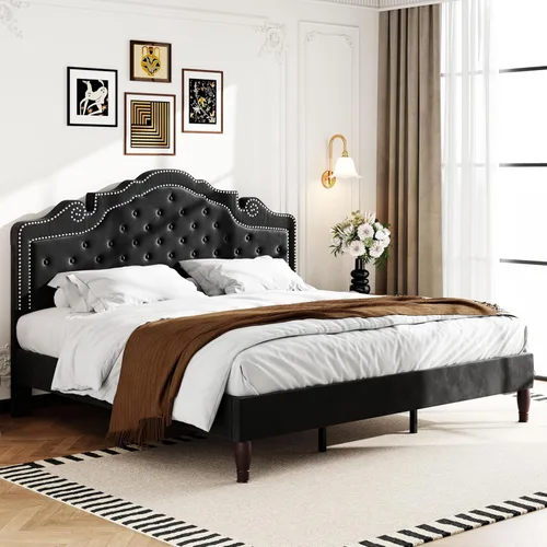 Vista 12 de WEEWAY Base de cama de plataforma de tamaño matrimonial con tiara ajustable de terciopelo, cabecero curvado y alta resistencia, botón tapizado