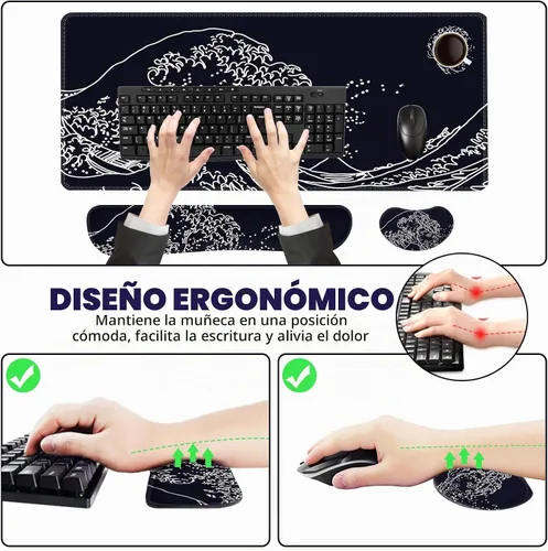 Vista 6 de ToLuLu Alfombrilla de mouse extendida para juegos, juego de soporte ergonómico de espuma viscoelástica para teclado y mouse reposamuñecas Ola negra