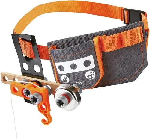 Vista 2 de Hape Junior Inventor Scientific - Cinturón de herramientas 19 piezas de componentes utilitarios STEAM cinturón de almacenamiento de herramientas