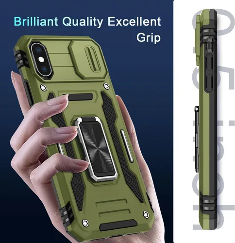 Vista 287 de DEERLAMN Funda para iPhone Xs Max con funda deslizante para cámara + protector de pantalla, soporte giratorio de anillo de grado militar a prueba