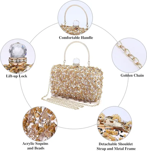 Vista 4 de UBORSE Bolso de noche con lentejuelas brillantes de diamantes de imitación para mujer, estilo vintage, con cuentas de cristal, para cóctel, fiesta