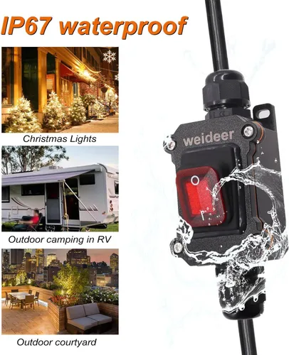 Vista 3 de weideer Cable de extensión con interruptores de alimentación de encendido/apagado IP67 impermeable 20A 250V 16AWG 2FT 3Pin enchufes enchufes