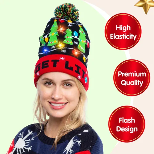 Vista 2 de JOYIN Gorro de punto con luz de Navidad, suéter feo de Navidad, gorro LED con 6 modos intermitentes, divertido gorro para mujeres y hombres
