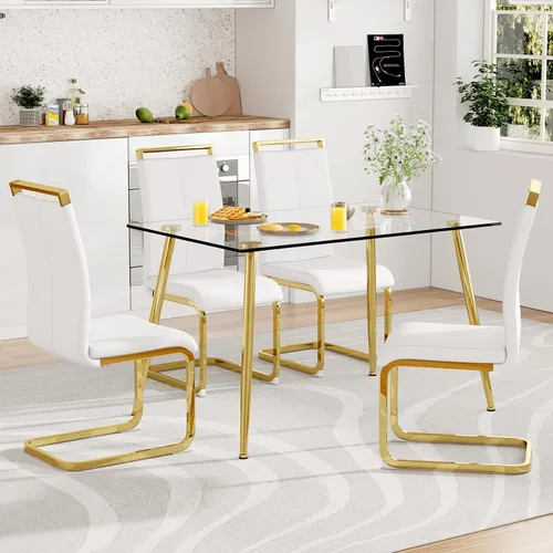 Vista 6 de Ebullient - Mesa de comedor rectangular de vidrio de 51 pulgadas para 4 a 6 años, moderna de mediados de siglo, con mesa de vidrio templado, patas