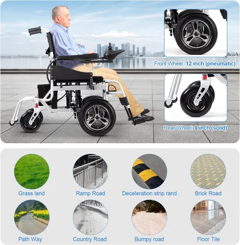 Vista 5 de Silla de ruedas eléctrica ligera, sillas de ruedas eléctricas plegables para adultos, silla de ruedas motorizada de 500 W con motores duales