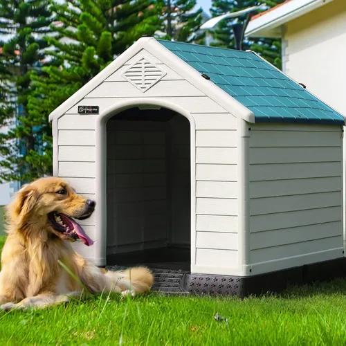 Vista 2 de Casa grande para perros al aire libre en interiores, casa aislada de plástico para perros pequeños, medianos y grandes, casa de perro duradera e