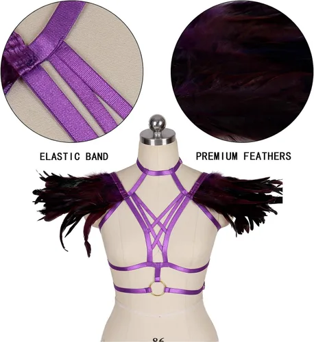 Vista 4 de Arnés para el cuerpo, plumas huecas, estilo punk, estilo gótico, rave, festival, ardiente