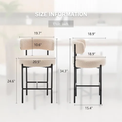 Vista 2 de Cinxzar Taburetes de Bar Boucle Juego de 2, Taburetes de Bar de Altura de Mostrador Beige con Respaldos, Taburetes Modernos para Isla de Cocina