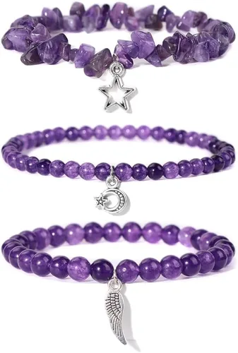Vista 26 de Juego de 3 pulseras de cuentas de piedra natural para mujeres y hombres, estrellas y luna, alas de ángel, juego de pulseras curativas de reiki