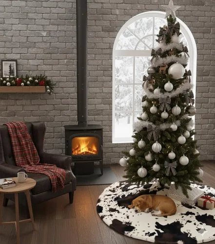 Vista 3 de AOGU Falda de árbol de Navidad de piel sintética de vaca de 36 pulgadas, decoración navideña para árbol de Navidad, fiesta festiva, decoración