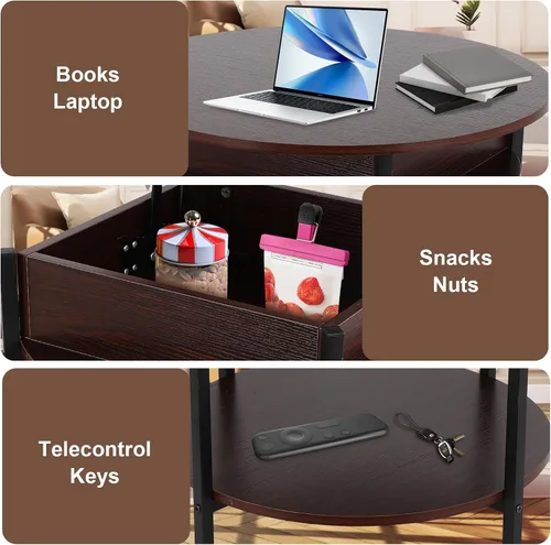 Vista 6 de FAHKNS Mesa auxiliar redonda con parte superior elevable con almacenamiento y compartimento oculto, mesa circular de dos niveles de 26.77 pulgadas