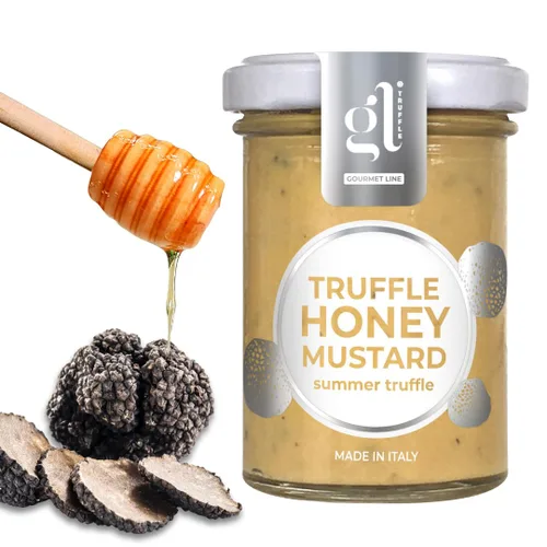 Vista 2 de GL Truffle GOURMET LINE Mostaza de miel de trufa, 100 g (3.52 oz), condimento dulce y salado, untable, una fusión de dulzura y ralladura, sin OMG