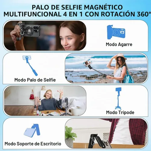 Vista 3 de Trípode magnético para selfie stick universal con rotación de 360° 4 en 1 con control remoto inalámbrico, trípode Mag extensible portátil