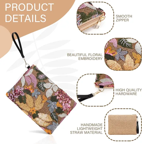 Vista 3 de ER.Roulour Bolso de paja de verano para mujer, bordado floral, bolso de mano de paja tejido para playa, fiesta, boda