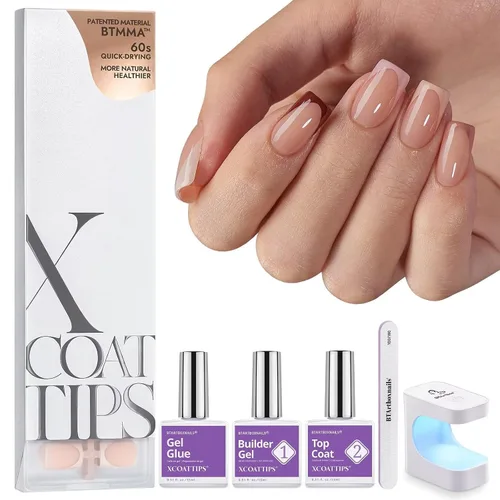 Vista 13 de BTArtboxnails XCOATTIPS - Uñas postizas a presión con punta francesa blanca 01-Kit de squoval extra corto con base rosada