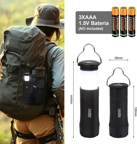 Vista 3 de EXTRASTAR - Linternas LED para acampar, linterna de 2 en 1 a batería, antorcha con zoom 3 modos, máximo 35 lúmenes, resistente al agua IPX2