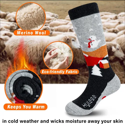Vista 2 de Hylaea Calcetines de esquí de lana merino para niños, calcetines térmicos cálidos hasta la rodilla para patinaje de snowboard para niños y niñas