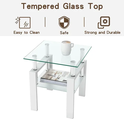 Vista 7 de Mesa auxiliar de cristal de 2 niveles, moderna mesa esquinera de cristal, mesa auxiliar para sala de estar con patas de metal para sala de estar