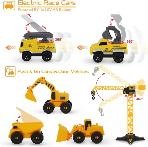Vista 3 de Juego de pistas de carreras de construcción, pistas de tren flexibles con 2 vehículos eléctricos de carreras de construcción con luces, juguetes