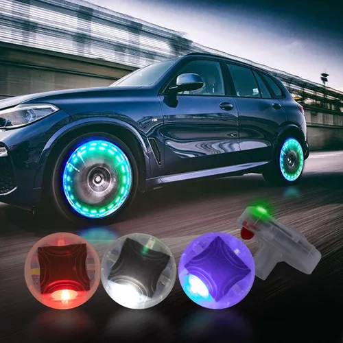 Vista 2 de Luces de rueda de neumáticos de automóvil, 4 válvulas de aire, tapa de válvula solar con sensores de movimiento, luz LED intermitente colorida