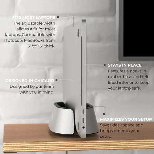 Vista 3 de HumanCentric Soporte vertical para laptop en aluminio plateado, soporte vertical ajustable y base, soporte vertical para laptop compatible