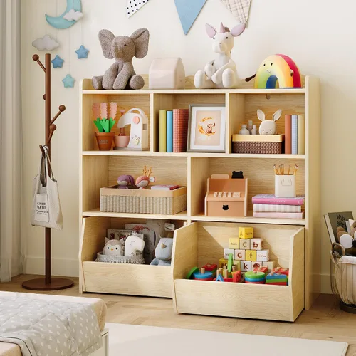 Vista 8 de GarveeHome Estante de almacenamiento de juguetes, estantería para niños, estante de lectura con cajones móviles, caja organizadora de almacenamiento